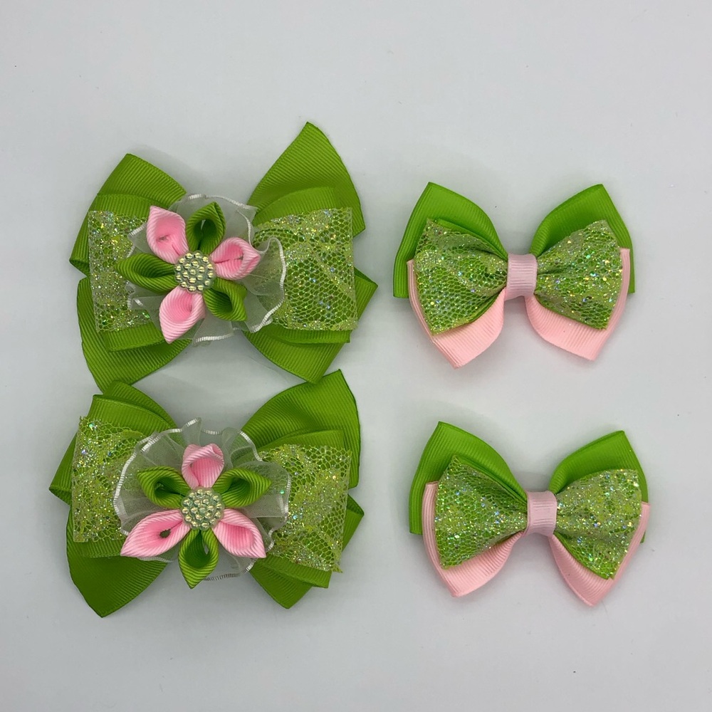 Green and Pink Kids Hair Bows - Set of 4